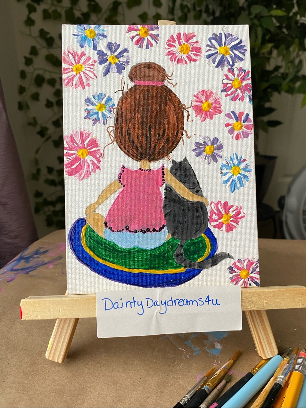 Dainty Daydreams4u Petals & Purrs Hand-Painted Acrylic Girl & Cat Floral Canvas